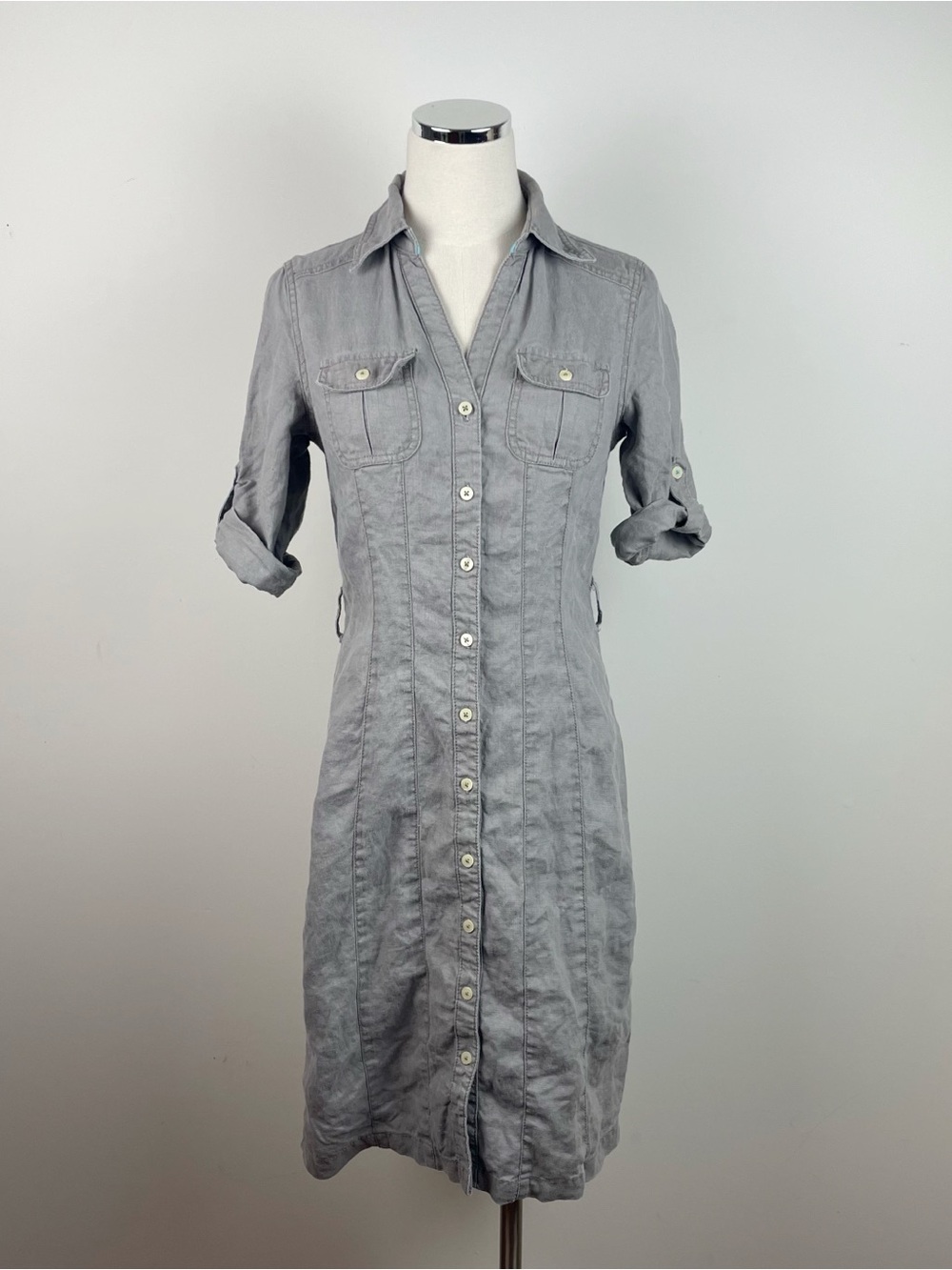 Boden Solid Gray Button Down Linen Dress Women Size 8
